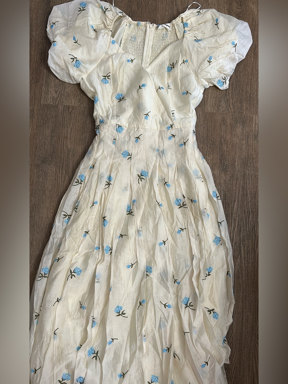 Women's Cream Floral Midi Dress with Blue Rose Embroidery